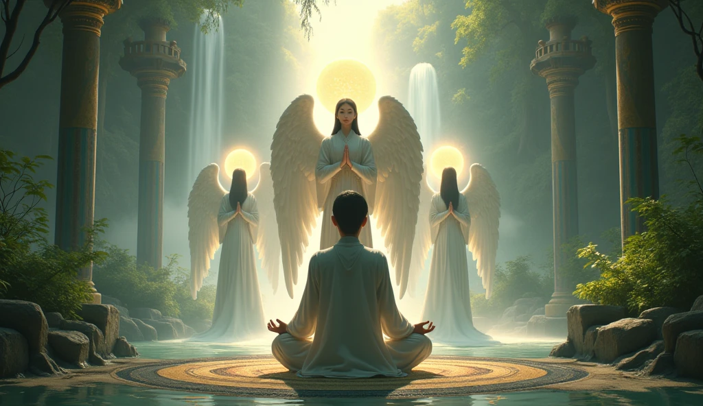 angels guarding a person in an astral temple full of nature surrounded by the angel from afar seeing the Asian human being who is guarding him
