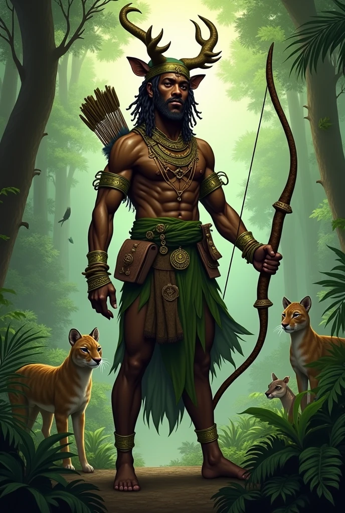 Oxóssi, the Afro-Brazilian deity from Umbanda, depicted as a powerful hunter in a lush tropical forest. He is dressed in traditional attire with a green and brown color palette, symbolizing the forest. Oxóssi holds a bow and arrow, ready for the hunt, with a quiver of arrows slung over his back. His face is calm and focused, representing wisdom and protection. Surrounding him are animals like jaguars, birds, and deer, showing his connection to nature. The background is filled with dense greenery, towering trees, and mystical light filtering through the leaves