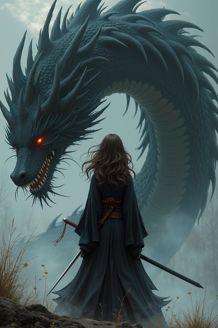 Girl, standing far in the middle, facing backwards, wavy medium long brown thick hair, wearing black yukata kimono with a sword in left hand, tamming and surrounded by a black dragon that have many of whiskers