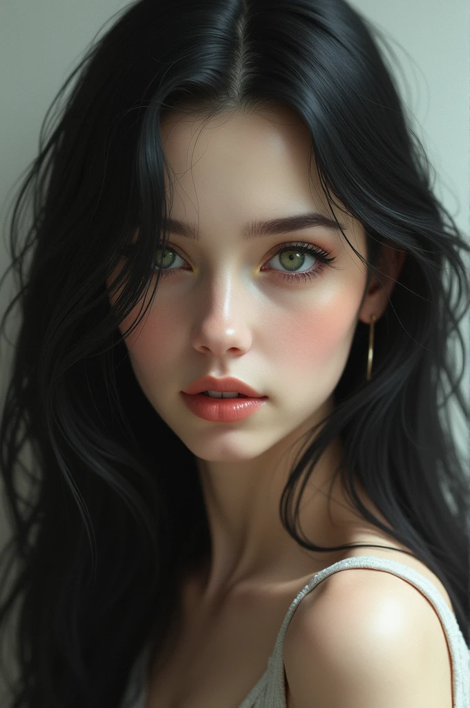 black haired girl, green eyes, White skin, tender and attractive super realistic
