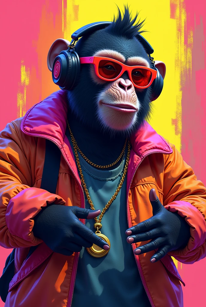 I am the most famous DJ of all time and I always carry my headphones and hurry up. I am a monkey and my clothes are very eighties. It is a portrait with bright colors of the most famous musicians. , The message I want to convey is that music exists real very real , 48k usa kla regla dde los tercio
