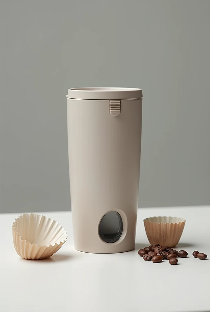 Create an 8 cm high mug with a screw-on lid, that incorporates a space at the bottom to insert coffee beans and grind them with a small grinder, next to the cup put several coffee filters of the same diameter as the cup. Please do it without a logo
