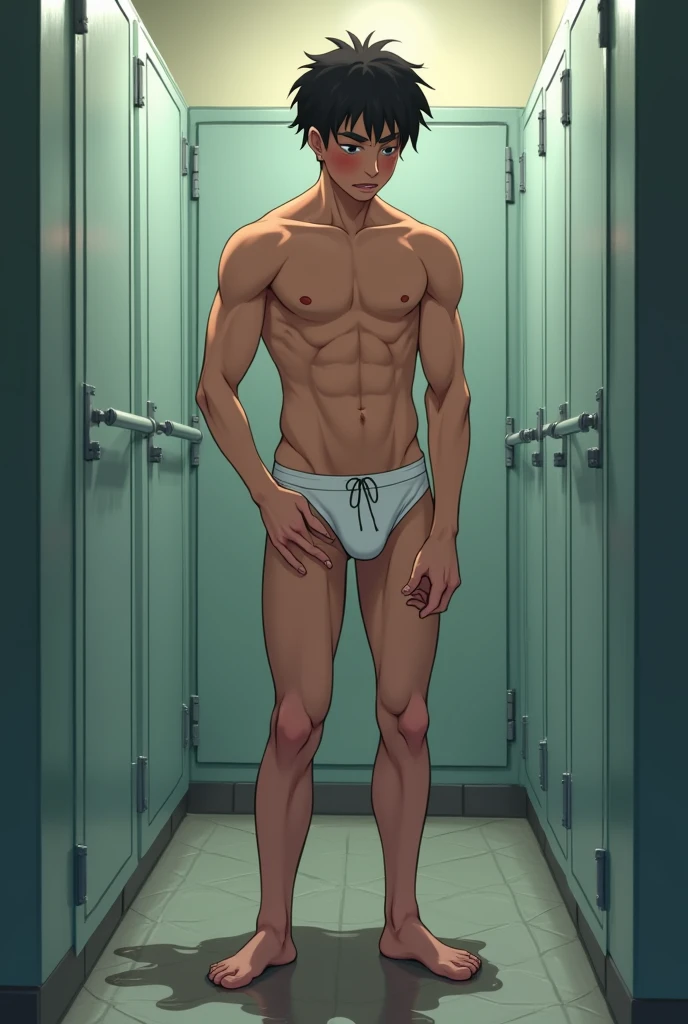 Slender, A muscular man in white briefs is holding his crotch. he is blushing. He is in the school bathroom., and、There is a puddle at his feet. The middle of his white briefs is yellow and wet.,He is wearing a school uniform, school students