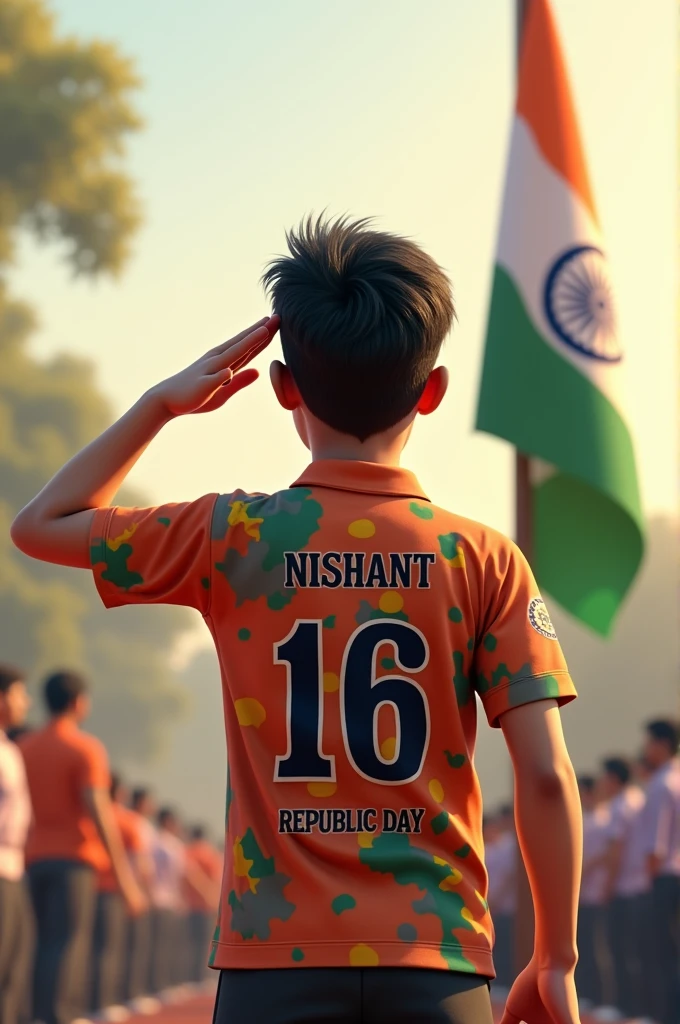 A 18 years old boy salutes the national flag of Bharat and he is wearing a shirt print is like Bharat flag and ” NISHANT” and 16 number and republic day in small written on it’s back in big and bold fonts, 3d illustration.