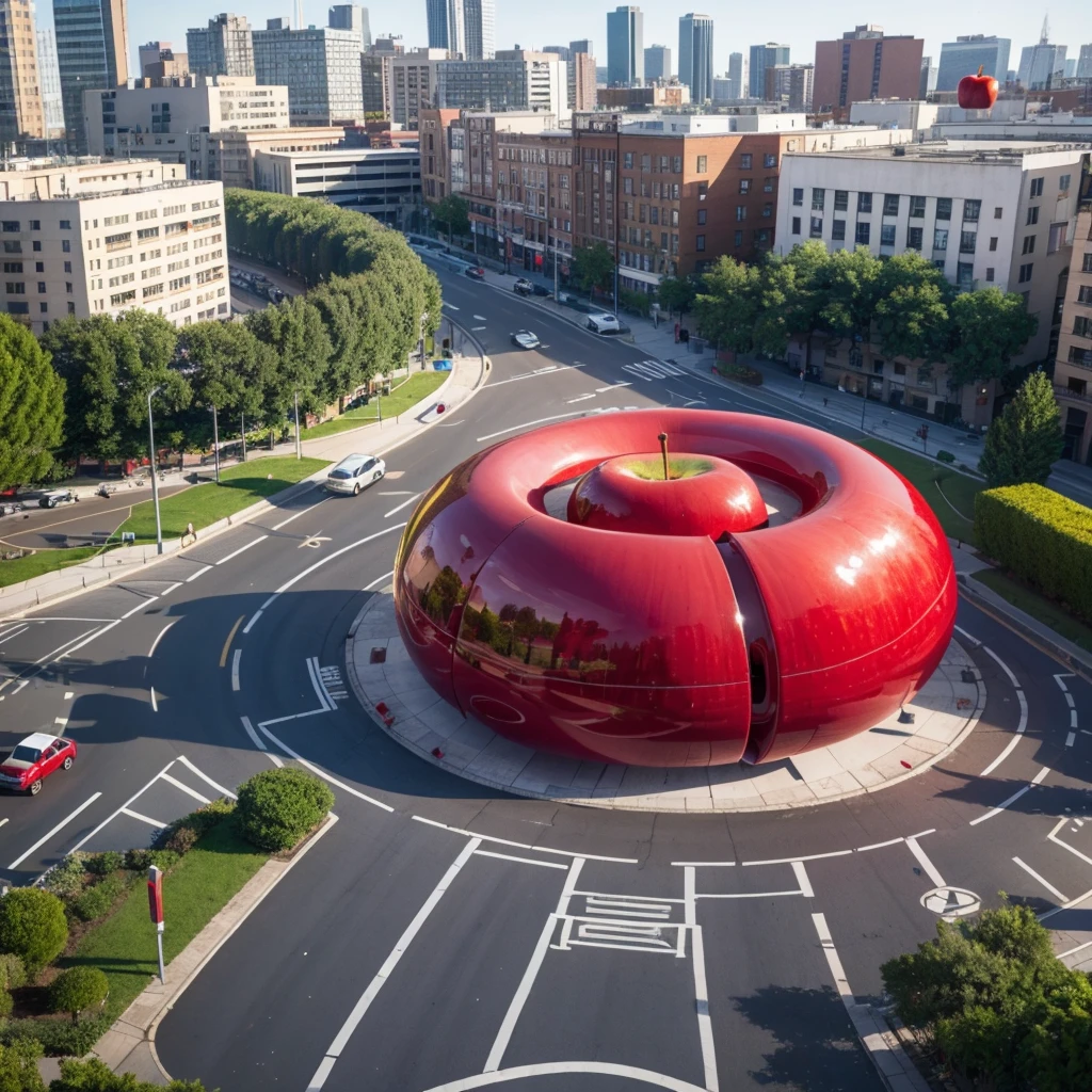 In the middle of the roundabout in the center of the city is a red apple-shaped art sculpture,Cars passing by on the adjacent road,This is a city rich in apple resources