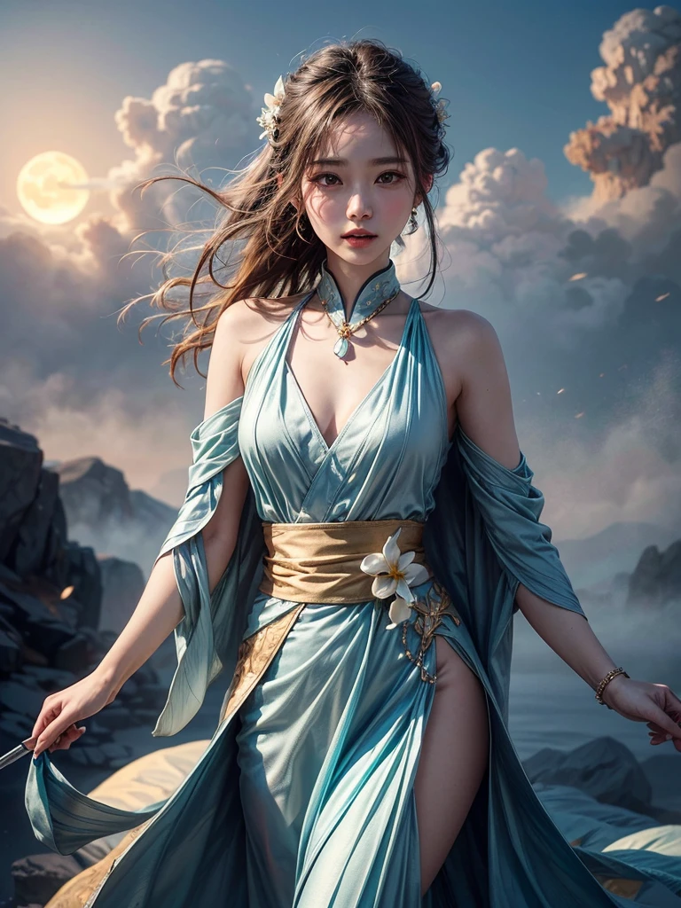 Its shape also，Amazing，Graceful Dragon。Rong Yao Qiu Ju，Huamao Chunsong。The hair is like a light cloud, the moon is shrouded，Drifting like the return of the wind。Far away，Like the sun rising into the sky；Forced to find out，Burning waves。
Fiber is good，Shorten fit。Shoulders as if cut by a knife，Waist as usual。Neck extension，Opalescence。Fangze without adding，Lead Huafuyu。Clouds，Eyebrow trimming。Dan lips are outward，Opalescence teeth are fresh。Bright eyes，Auxiliary Inheritance Rights。
It's beautiful，Yi is still relaxed。Tender and affectionate，Flattering over language。Odd costumes，Bone image should be pictured。The brilliance of the cloth，The Beauty of Eryaobi。Jewelry wearing gold，Embellished with pearls to shine on the body。
Practice the literature of the long journey，The light coat of the mist。The fragrance of the faint orchid，Walking through the mountains。So it suddenly turned around，Take it for fun。Left leaning on Cai，Right shade laurel flag。Hold your wrist in the gods，Genshiba no Chose。