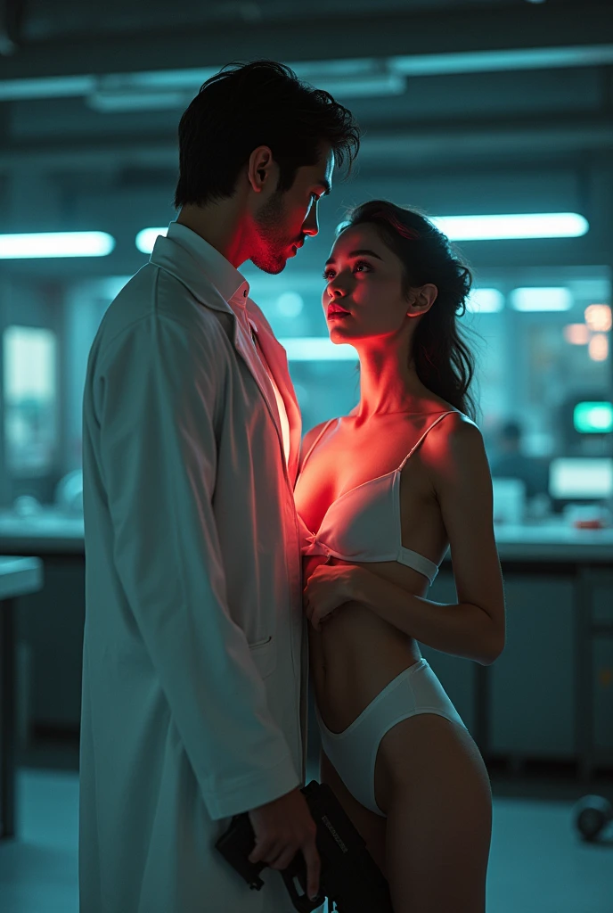 A sexy japanese scientist shoots a sexy white girl in the chest with a laser gun