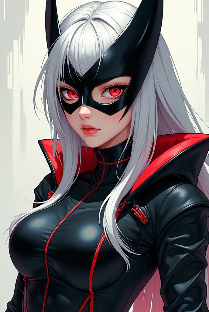20 year old 2D anime with a dominatrix mask, white hair and red eyes.