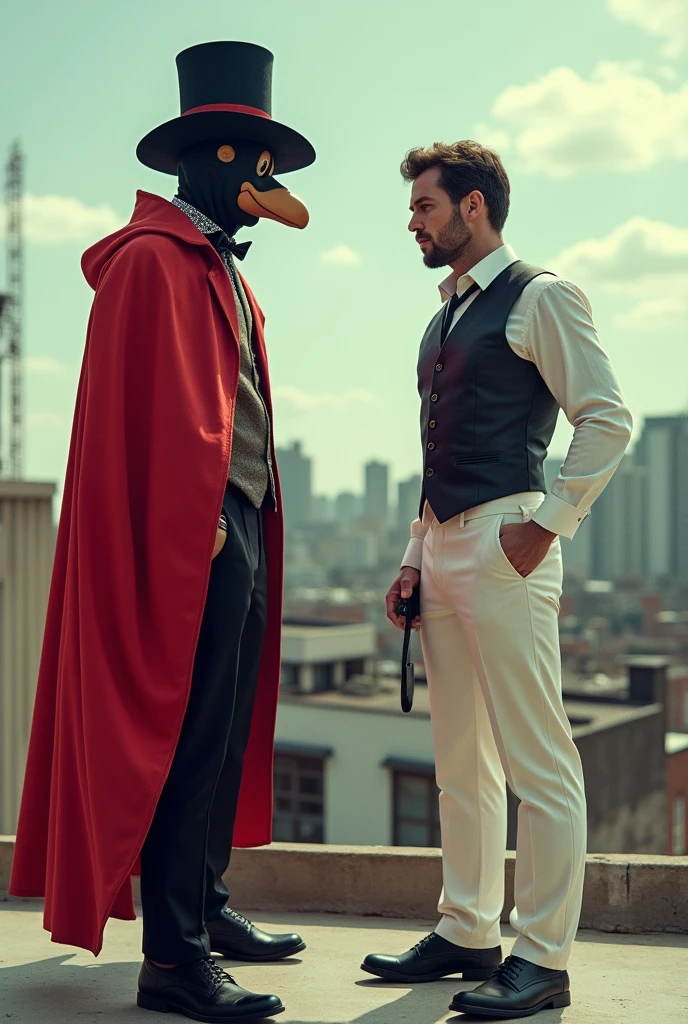 A man, wearing a Lupin-like mask, a magician's hat, a red cloak, and black shoes, stands on a building next to a man in a white suit, black shoes, and bulletproof vest. The man in white is holding a sign that says 'I Love U Me Because We Were Born Together'.