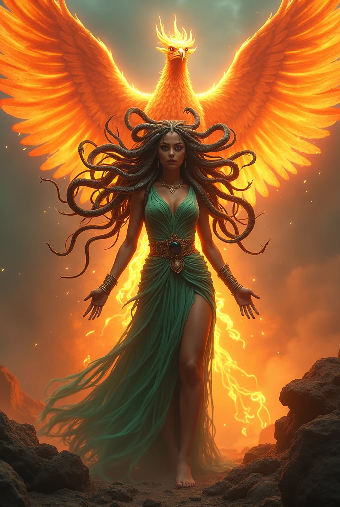 I want the Medusa to be very scary and fierce, with penetrating gaze, green and spitting venom from her snakes and behind her a phoenix, showing how it is reborn from its ashes and with its soul very extended and with fire wings and let both beings have a shine that their brightness is noticeable, let's say the Medusa's green and the phoenix's firelight yellow.On the contrary, the giant phoenix and the medusa should appear very large and with a bold pose.