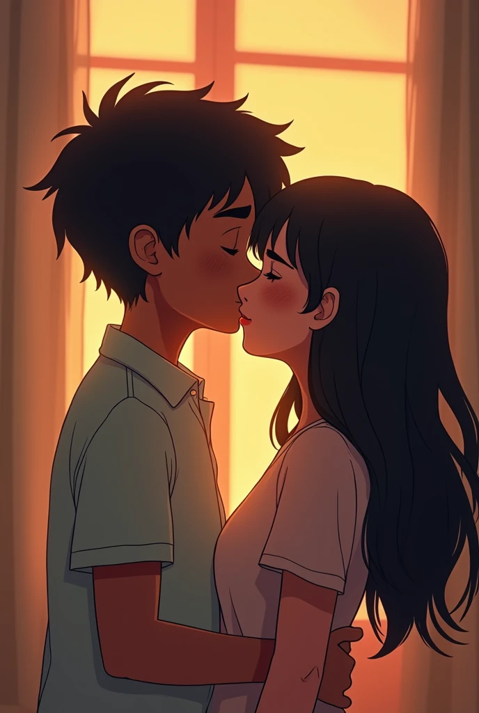 A sixth-grade boy at school, with dark skin and straight black hair, is in love with a girl who also has dark skin and straight hair. But the boy is sad and afraid to tell her he likes her, and he cries.
Despite his fear, he tells her he likes her, and they start dating. Later, in their junior year of high school, the girl introduces her new boyfriend to her father. Her father loves that his daughter is dating the boy, and they share their first kiss—a romantic, demonstrative kiss with tongue that appears frequently in the image. They go to the bedroom, and with a lot of boldness, she takes off her clothes. They plan to do something more loving, like a really nice kiss.
