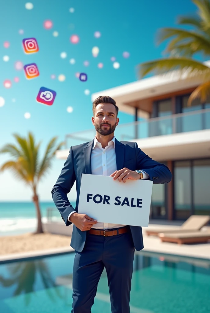 Create a vibrant image showcasing a real estate agent holding a 'For Sale' sign in front of a modern beachfront property. In the background, show social media icons like Facebook and Instagram, with flowing lines representing internet traffic. The theme should combine the professional real estate environment with the dynamic energy of online marketing."