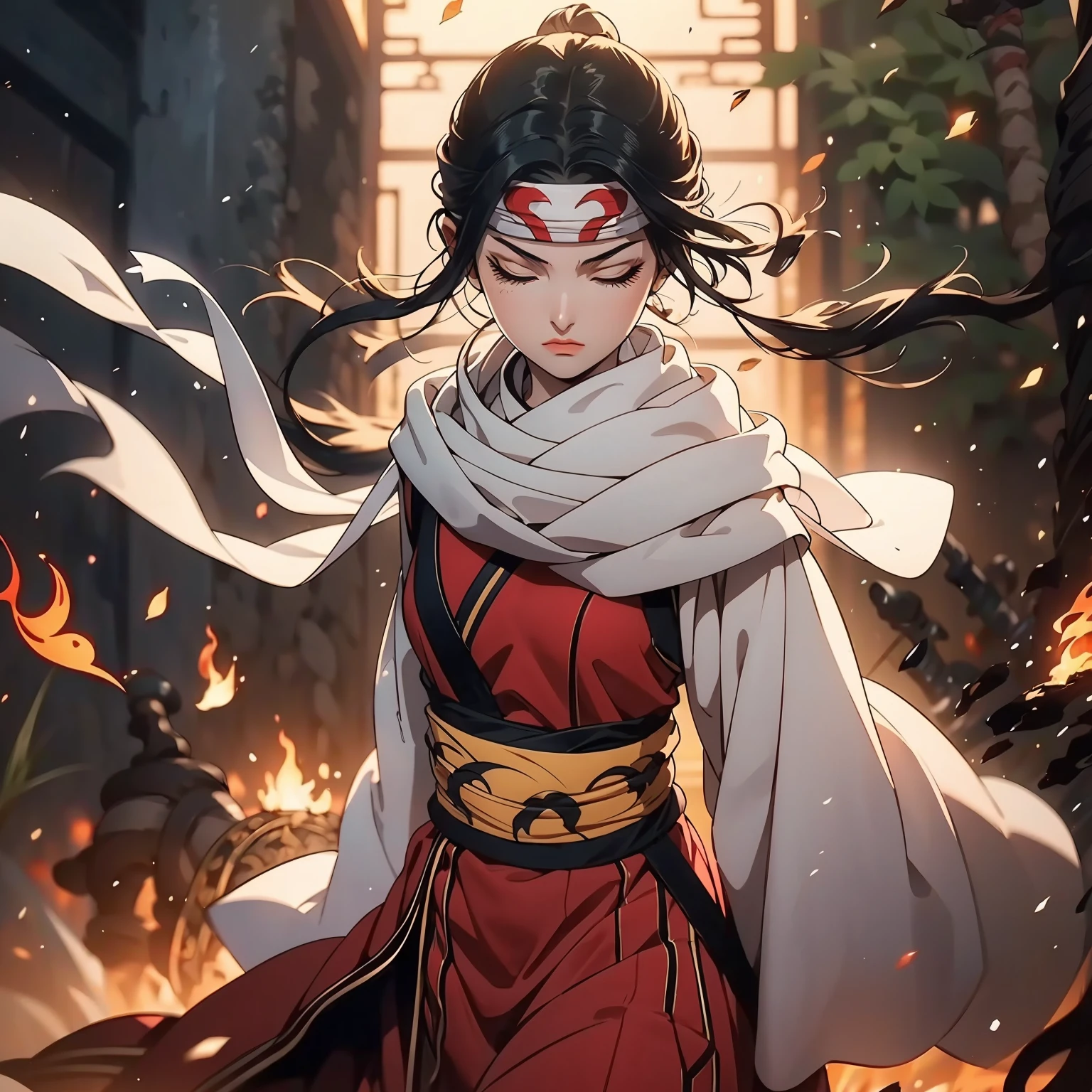 masterpiece, highest quality, 1 girl, closed eyes. Create a dynamic portrait of a young Japanese warrior woman in three-quarter view, facing slightly to the right. Her eyes are closed in deep concentration, eyebrows slightly furrowed. Long, silky black hair is tied high on her head, with a few strands escaping to frame her face. A white headband with a round green gem sits on her forehead. Her pale skin has a soft glow, with a hint of pink on her cheeks and lips. She wears a white kosode (kimono-style top) with wide sleeves and a red hakama (pleated skirt-like pants). A green and yellow obi (sash) is tied around her waist. Dark arm wraps cover her forearms. She grips a katana with both hands, the blade crossing diagonally in front of her body from lower left to upper right. The sword's hilt is ornate, featuring green wrapping and gold accents. The character is in motion, her clothing and hair flowing dramatically. White and red fabric billows behind her, creating sweeping curves that contrast with the straight line of the sword. The background is dark and atmospheric, with hints of orange and red suggesting fire or embers. Sparks or small flames float in the air around her. Lighting is dramatic, with a strong light source from the upper left casting shadows and creating a rim light effect on the character's right side. The overall style should blend traditional Japanese art with modern fantasy illustrations, emphasizing clean lines and a sense of movement and power.