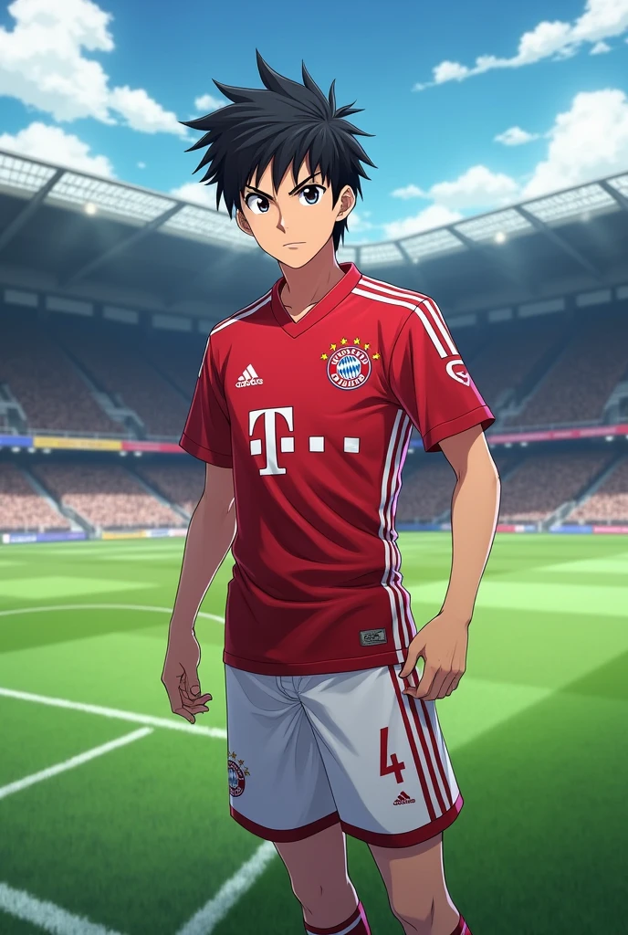 Create an image of the character Yoichi Isagi from Blue Lock wearing the Bayern Munich jersey.