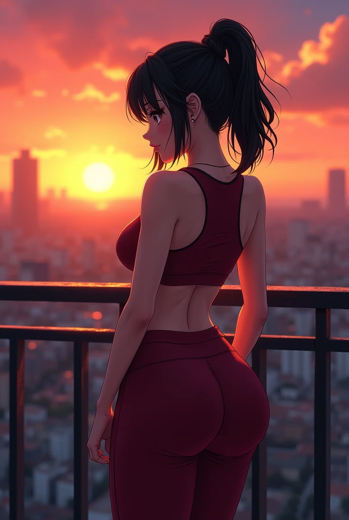 Beautiful , sport clothing, tight shorts, huge ass, huge ass, huge ass, en un balcon, watching the sunset, backside shot, shoulder-length hair, face looking horny, ass focus, anime styling