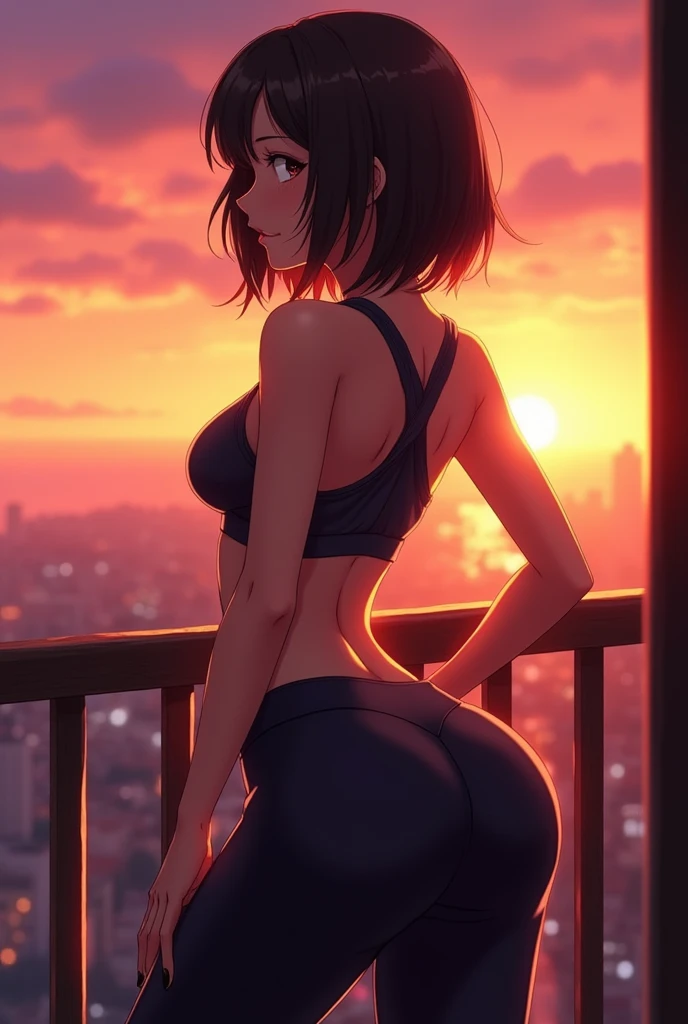 Beautiful , sport clothing, tight shorts, huge ass, huge ass, huge ass, en un balcon, watching the sunset, backside shot, shoulder-length hair, face looking horny, ass focus, anime styling