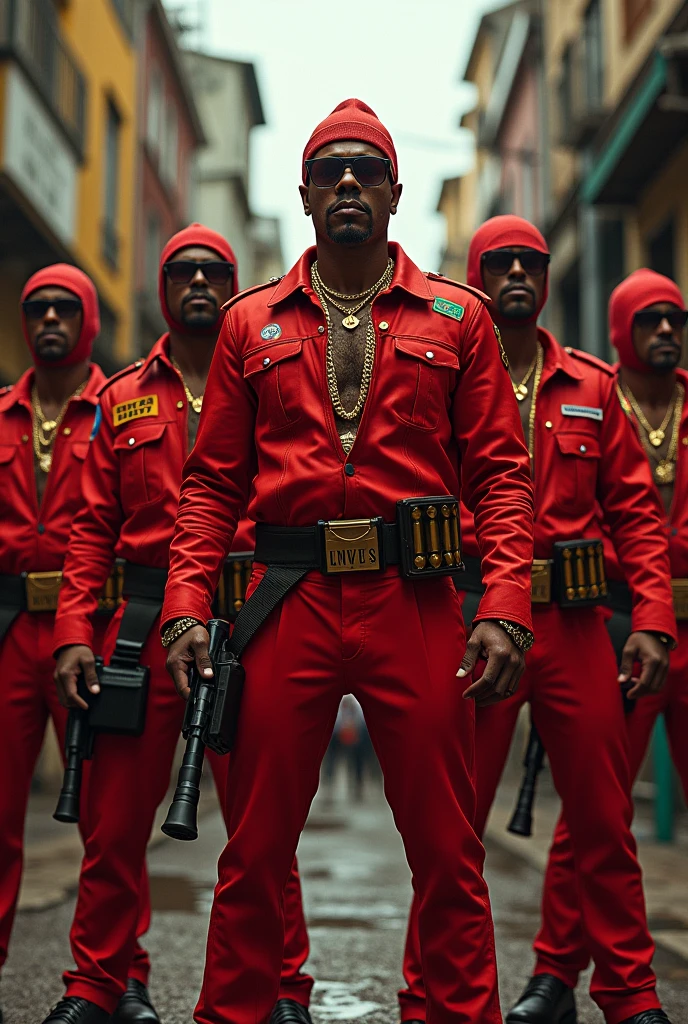 A gang from Brazil, with red uniforms, with weapons and gold chains