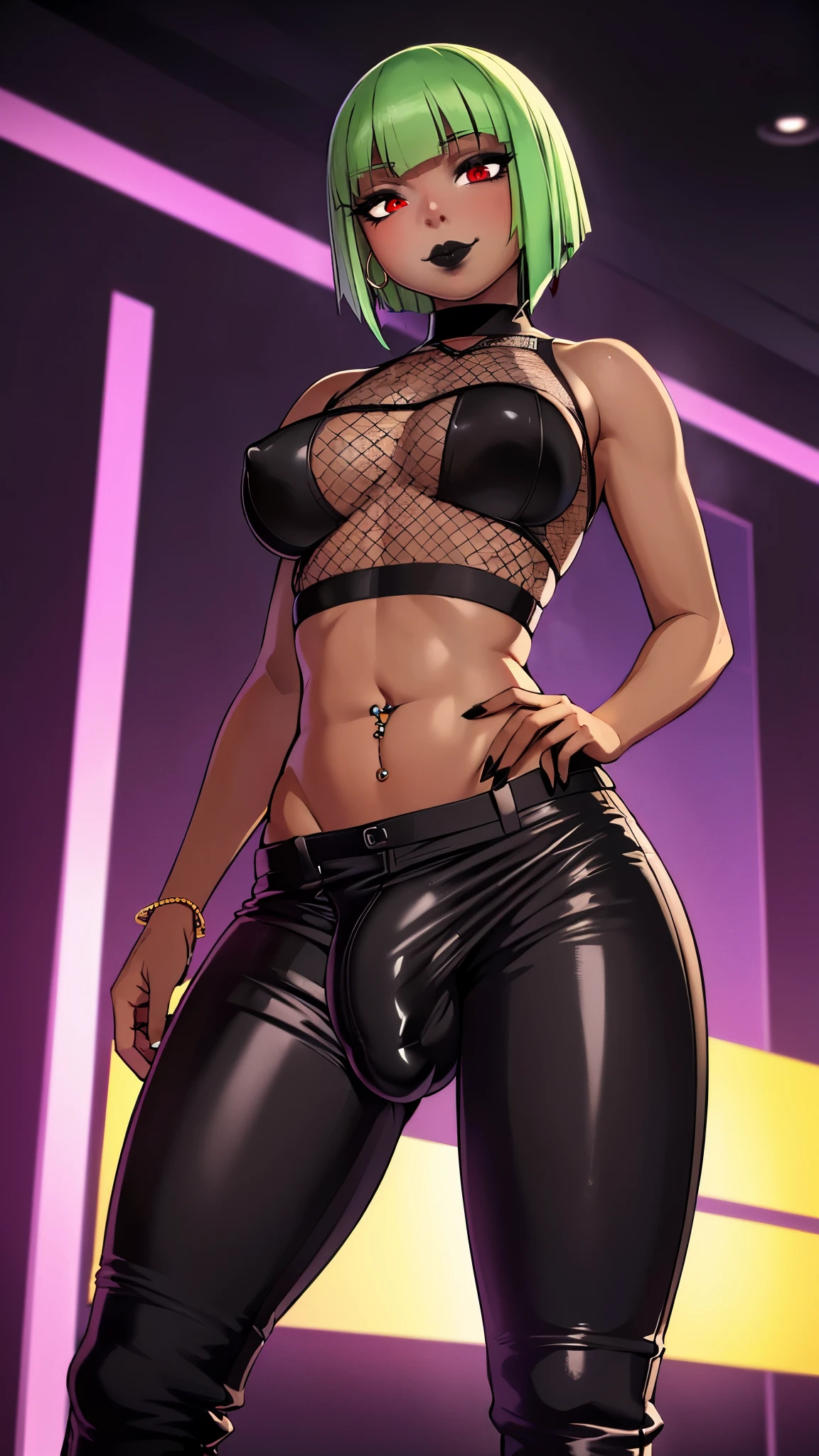 (solo:1.1),(masterpiece), (best quality:1.3), highly detailed, intricate, professional art, digital art, absurdres, confidant, emerald sustrai, futanari emerald sustrai wearing a fishnet-crop-top with arm gloves and pants confidently in a club,(Black see through top:1.4), (pants:1.6), 1girl, solo, (dark skin:1.5), green hair, bob hair, gold hoop earrings, gold jewellery, ab lines,(gold navel piercing:1.1), detailed stomach, red eye colour, dark skin, average breasts, (aroused:1.2), (futanari:1.1), (wide hips:1.4), (makeup 1:1), beestung lips, (black lipstick:1.3), large penis, panty straps riding hips, (large crotch bulge:1.4), crotch bulge, large testicles , furniture, frontal view, universal lighting