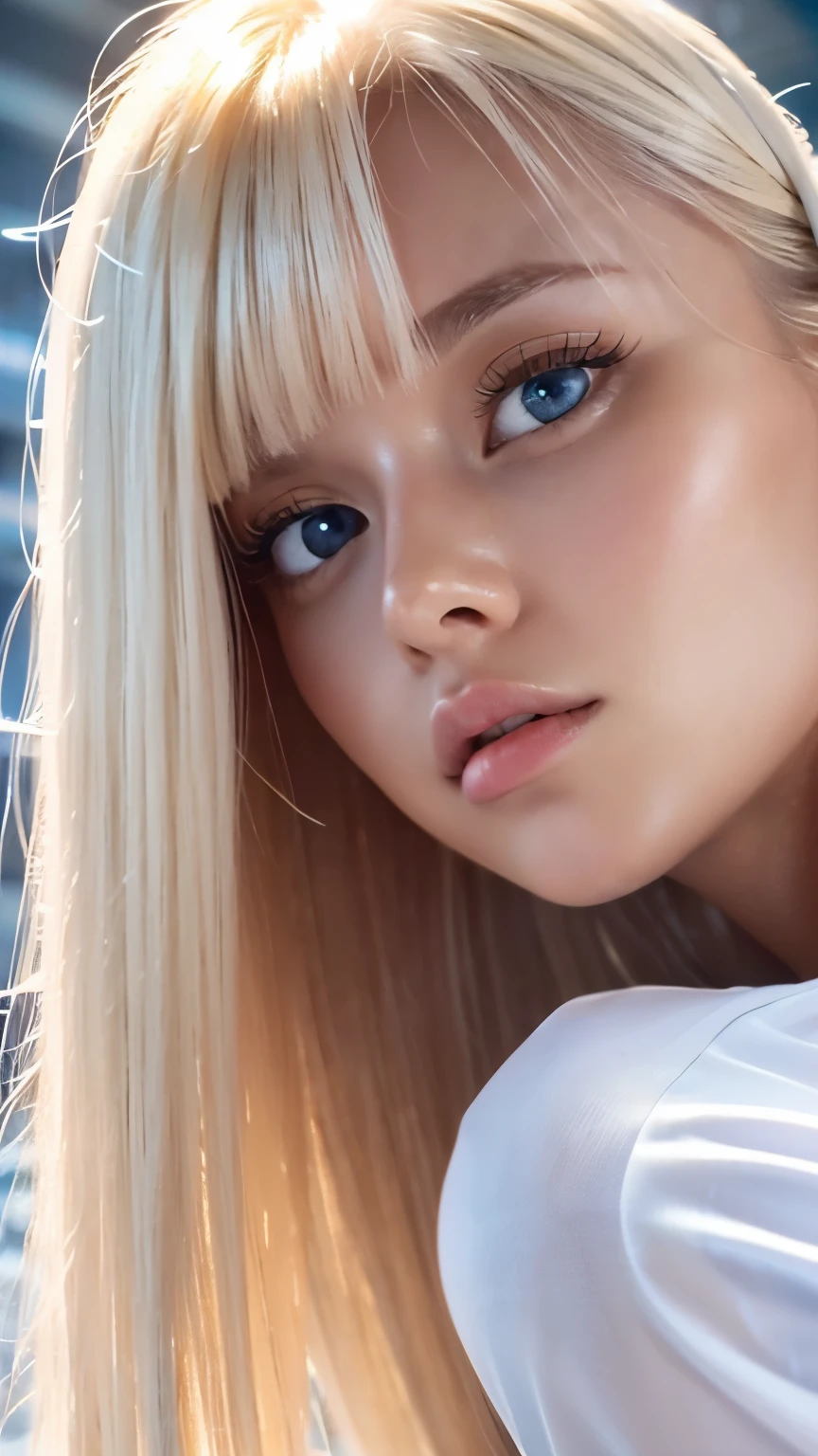 An innocent 20-year-old beautiful platinum blonde、Beautiful, shiny, super long, natural platinum blonde hair、Bangs between the eyes falling on the face、((Wearing an open white T-shirt,Dramatic Pose)),Sexy look,Super long straight blonde silky hair,dazzling blonde reflected light、Bed Background,Beach Background、RAW Photos, (8k、Highest quality、masterpiece:1.2)、(Intricate details:1.4)、(Realistic:1.4)、Octane Rendering、Intricate 3D rendering Super Detailed, Studio Soft Light, Rim Light, Sharp details, Super Detail, Realistic skin texture, Cheek gloss highlighter、Detailed aspect, Very beautiful big bright light blue eyes, Very big eyes、Highly detailed CG Unity 16k wallpaper, Perfect small face beauty、Round face、compensate, (Detailed Background:1.2), Glowing Skin, whole body、From head to thighs、Cleavage,((Sleeping on your back、Angle of view from above))
