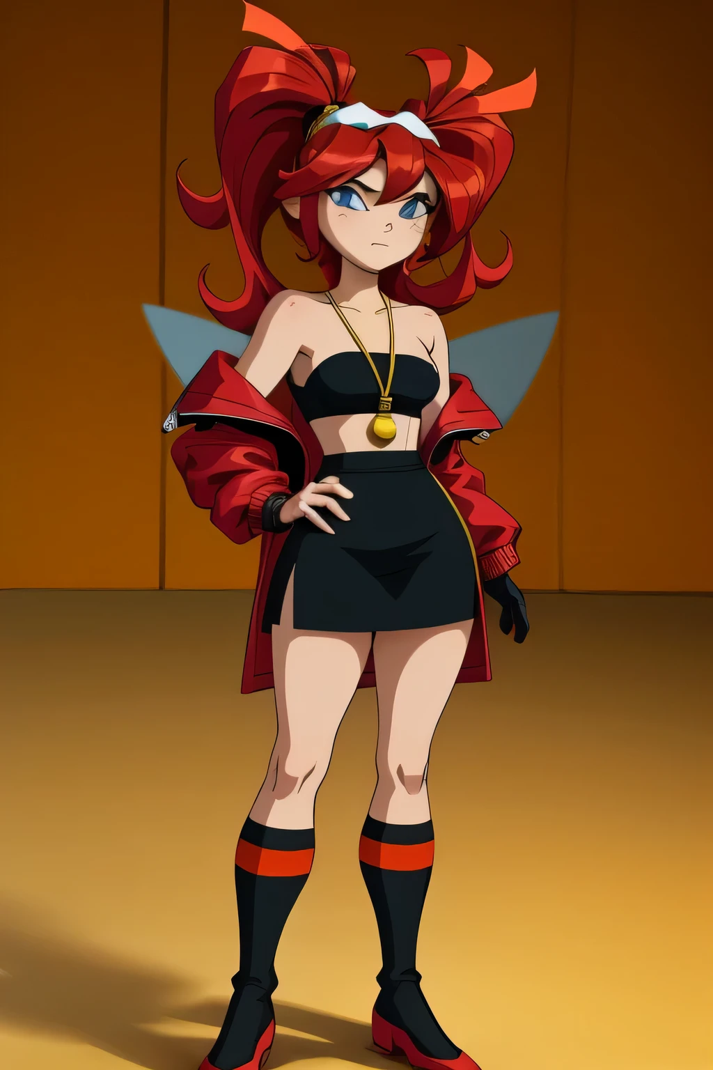 anime style, A highly detailed and realistic 3D model of a young woman standing confidently in front of an orange wall. She has red hair styled in two ponytails and blue eyes.. She wears a red jacket over a black dress., black gloves, and white socks up to the thighs. She has a pair of sunglasses resting on her head.. The model should include subtle movements in her hair and the fabric of her jacket., As if a gentle breeze were passing by. The scene takes place on a concrete surface with shadows cast on the ground., providing a realistic urban environment. The background should be simple and interior with neutral colors.. The model should be photorealistic and highly detailed., showing the character's elegant and modern look. Make sure the model captures her confident stance and natural proportions., with special attention to the detailed outfit and accessories, full body, model sheet, character design sheet,