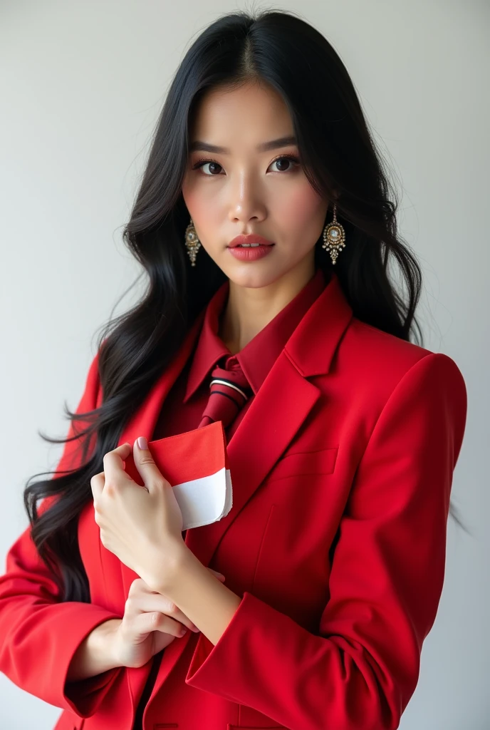Portrait, Beauty Woman, Long Hair, Black Hair, Hold Indonesian Flag, Shirt, Focus Camera, Earring, Accesories, Blazer Red, Tie, White Background