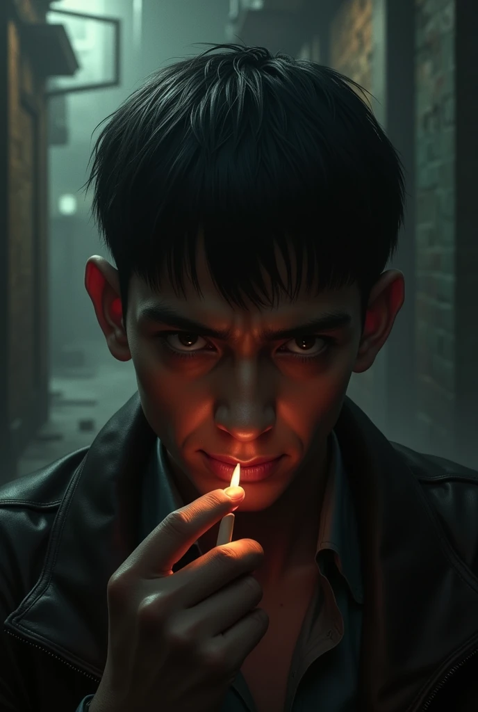 a dark-skinned bad boy with straight hair slicked back, smoking a cigarette