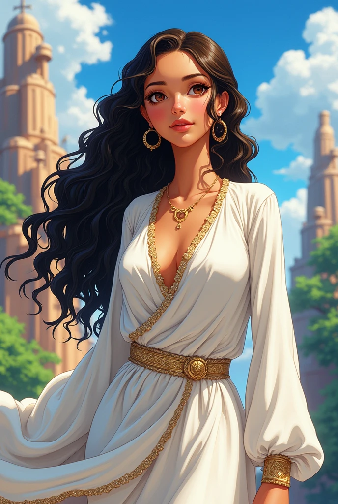 a brunette woman with curly hair, Arabic and Latin, tanned with almond-shaped brown eyes, dressed in white in the anime One Piece