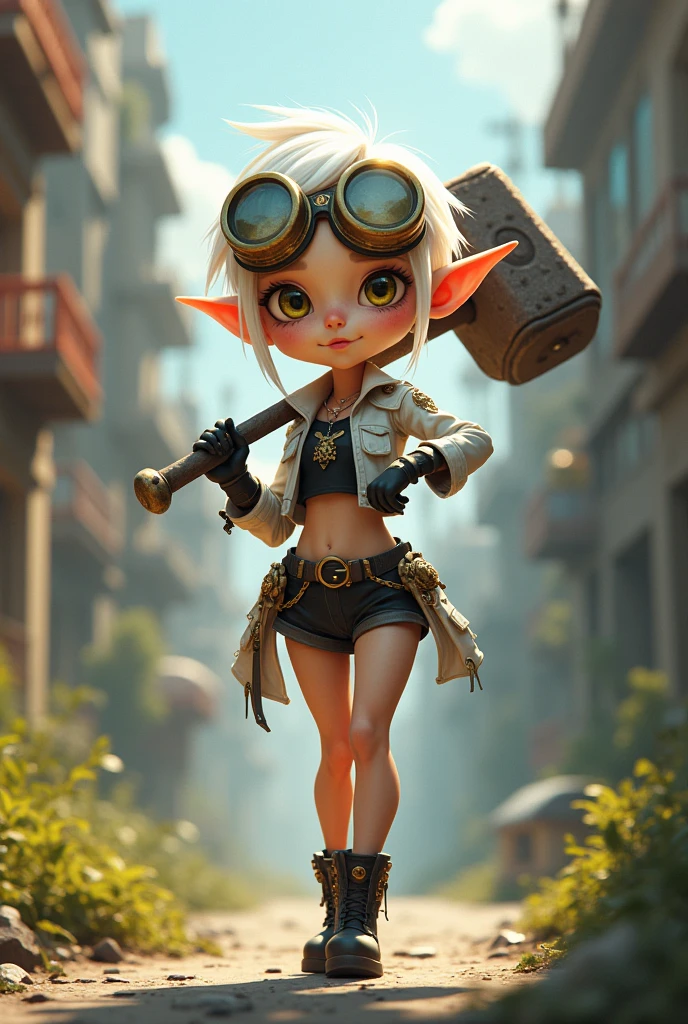 (photorealism:1.2),Create a cartoon style character, Beautiful albino elf woman, with beautiful yellow eyes, freckles and welding goggles, steampunk style, short hair, Crazy, white. He dreams of a top, short, white, Black jacket with gold details, short short negro, Black gloves and boots with subtle gold details, urban style clothing. walking through a surreal city, mixing styles, medieval, modern times. holding a giant hammer effortlessly on her shoulder. three dimensional effect