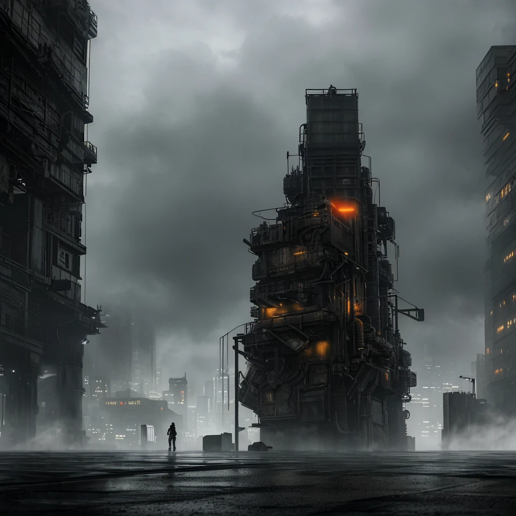 a dark and gritty dystopian city, cinematic composition, moody dramatic lighting, vibrant color palette, photorealistic, 8k, hyper detailed, masterpiece, intricate architecture,rain-soaked streets, ominous clouds, silhouettes of figures, industrial machinery, glowing windows, steam and mist, high contrast shadows