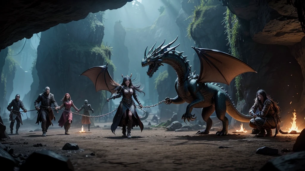 Create an undead dragon tied to chains, with a group of Dangeons and Dragons of adventurers in front of you, one of the people in the group is a woman holding a shotgun, ultra realistic, the place is a cave, several chains on the dragon's wings, the dragon must be chained, big chains, you can see the dragon's bones