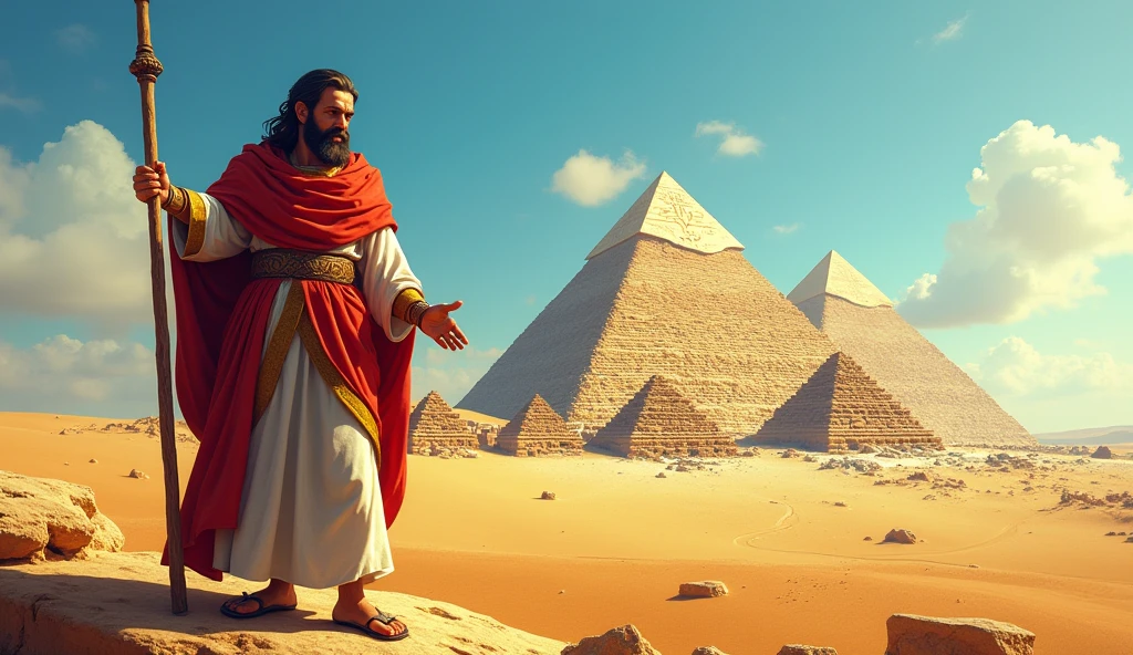 Moses standing, holding a stick, With an expression of determination. Ao fundo, the pyramids of egypt under a clear blue sky. The colors are vibrant, with emphasis on the gold of the pyramids and the green of the desert.
