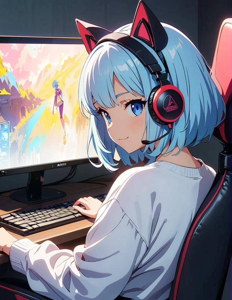 (anime artwork, anime style, studio anime, very detailed, up to date, vibrant, Anime Coloring, high contrast, masterpiece:1.2, best quality, best aesthetics),1 girl,light Blue hair,Mullet hairstyle,Best quality,light smile,{{gaming pc}}, {{gaming chair}}, holding_controller, foreshortening,(cat ear:1.5),ear phone, perfect anatomy,blue eyes,