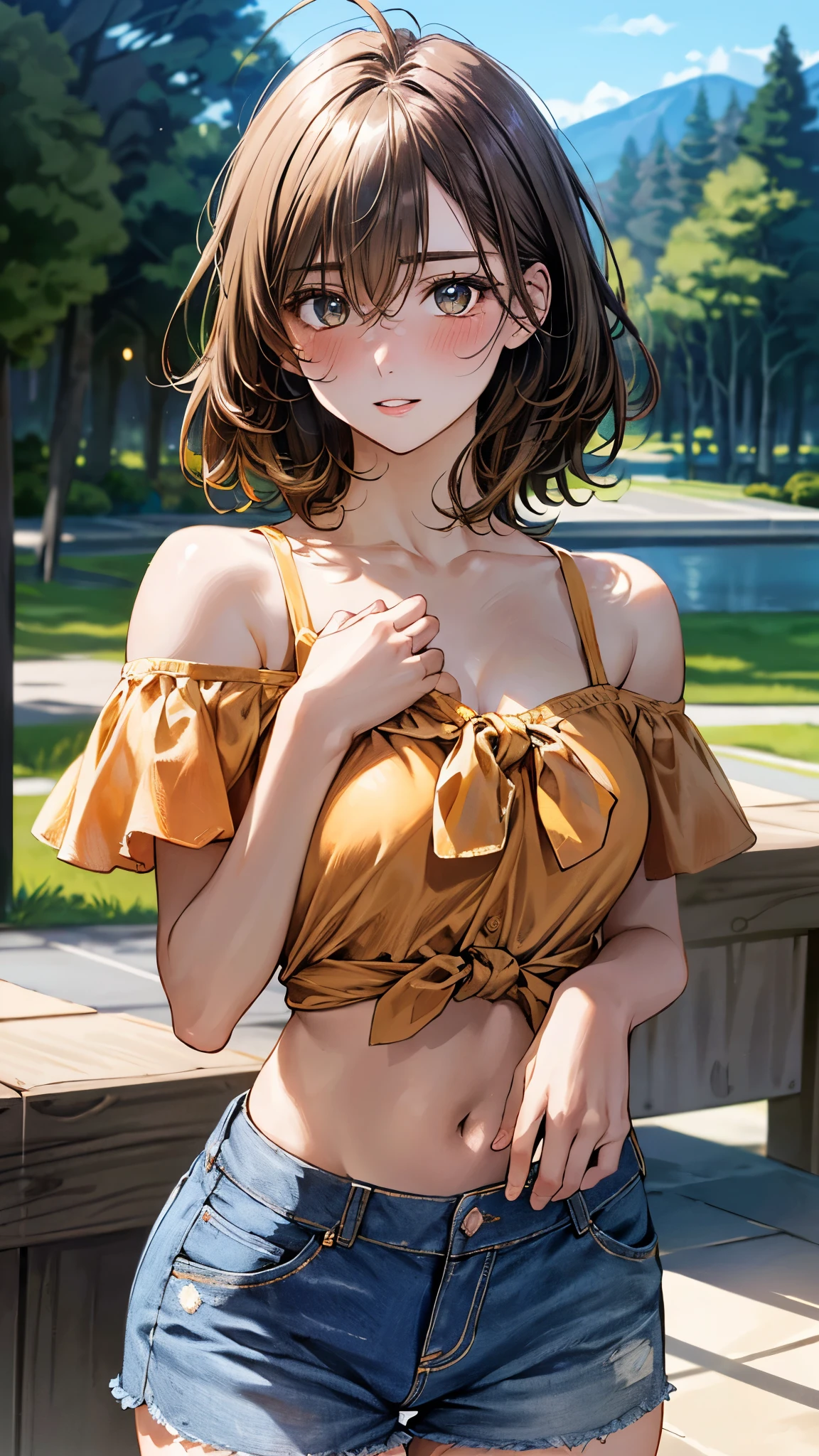 (masterpiece:1.3, top-quality, ultra high res, ultra detailed), (realistic, photorealistic:1.4), beautiful illustration, perfect lighting, natural lighting, colorful, depth of fields, surrealism,
beautiful detailed hair, beautiful detailed face, beautiful detailed eyes, beautiful clavicle, beautiful body, beautiful chest, beautiful thigh, beautiful legs, beautiful fingers,
looking at viewer, (face focus, upper body), 1 girl, high school girl, (perfect anatomy, anatomically correct, super detailed skin), cute and symmetrical face, babyface, perfect face, perfect eyes, shiny skin,
(short hair, sideburns, straight hair, light brown hair), ahoge, hair between eyes, blue-green eyes, big eyes, long eyelashes, (medium breasts, seductive thighs), slender, narrow waist,
(detailed cloth texture, break short sleeve off- shoulder orange shirt, midriff:1.2, break denim tight skirt), break
(beautiful scenery), evening, (caffee:1.2), (hair twirling), (blush, embarrassed, parted lips),