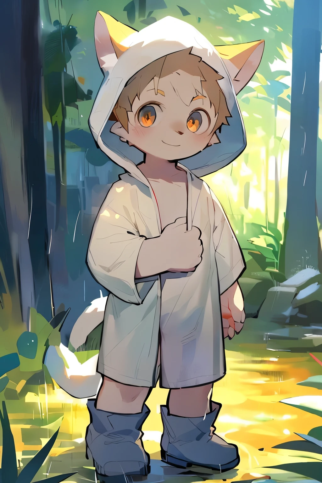masterpiece, best quality, Perfect anatomical structure, Bright Eyes, Big watery eyes, From milkytiger1145, author:K0BIT0WANI,juvenile,Big boy, best quality, high resolution, Extremely detailed,Realistic Tips, , (Wearing a nude, loose, semi-transparent hooded raincoat,Transparent raincoat,Raincoat hood,Boys' underwear), rain, Rain boots,Standing,Smile, external, close up,((Boy,shota)),