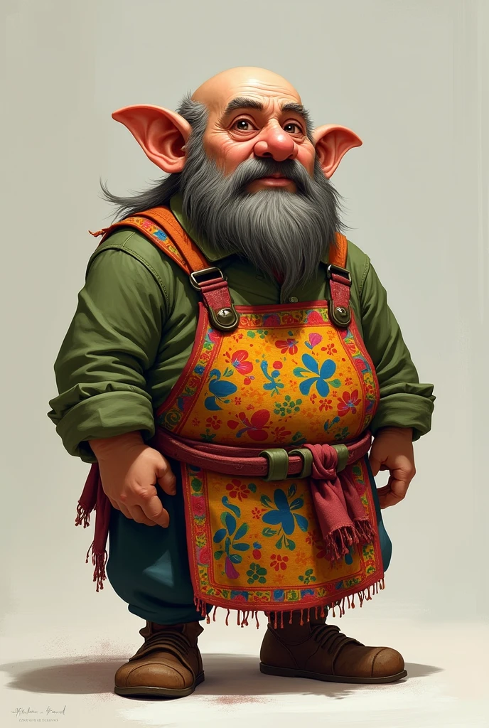 A dwarf of D&He's bald and wearing a 'Marocas lady' style apron.