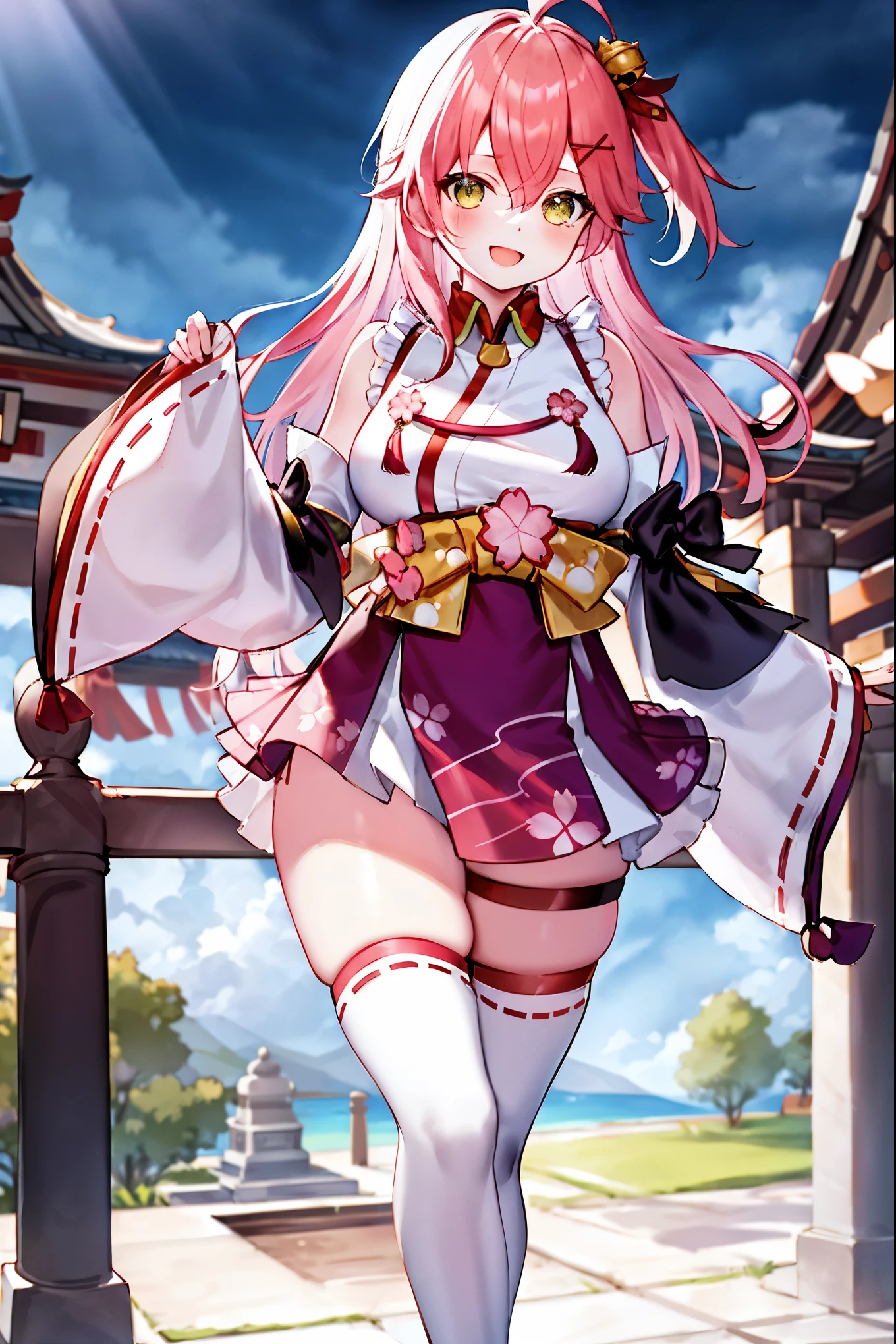 masterpiece, best quality, highres, miko1, sakura_miko, 1girl, big_boobs, solo, ahoge, x_hair_ornament, pink_hair, floral print, hairclip,(side_less_clothes:1.5), (side_boobs:1.5), hair_bell, floral print, long_hair, hair between eyes, one side up, white thighhighs, asymmetrical legwear, wide sleeves, open_mouth,(happy:1.3),gleen_eyes,big_smile,(rise_leg:1.3),plump,apart_legs,(overly_long_sleeves:1.3),),sleeves_past_wrists,hands_hidden_sleeves,sidelock_clothes,dynamic_posing,solo,hidden_wrists,(XD:1.4),covered_nipples,sunlight,cherryblossom_temple_landscape_background,