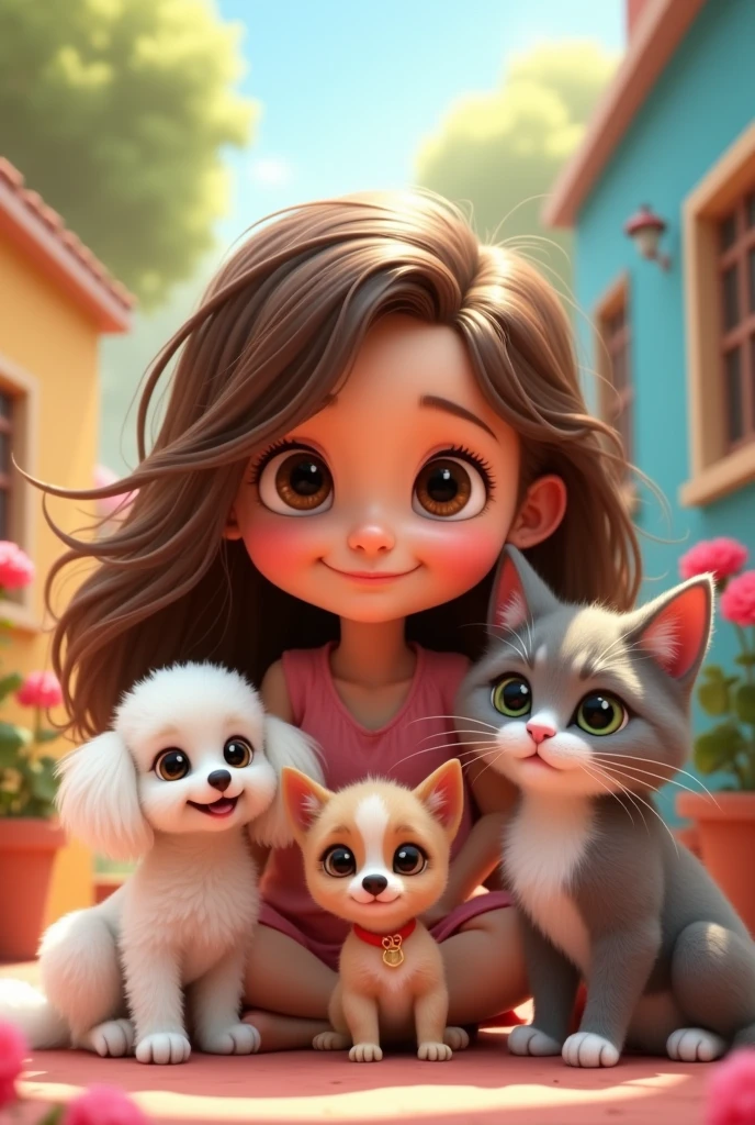 Girl with the following physical characteristics: brown wavy hair, large eyes, round, rosy cheeks. Must have three pets: a white poodle, A small, white, short-haired Chihuahua with a circular brown spot around one eye, and also a light gray cat with white that goes like a line from the eyes to the whole muzzle.. Animated