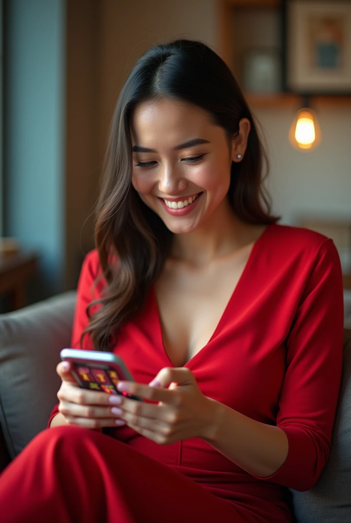 A woman in a red dress smiling playing slot games on her phone