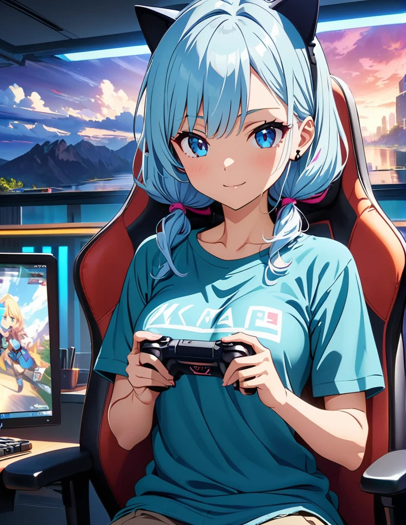 (anime artwork, anime style, studio anime, very detailed, up to date, vibrant, Anime Coloring, high contrast, masterpiece:1.2, best quality, best aesthetics),1 girl,light Blue hair,Mullet hairstyle,Best quality,light smile,{{gaming pc}}, {{gaming chair}}, holding_controller, foreshortening,(cat ear:1.5),ear phone, perfect anatomy,blue eyes, 