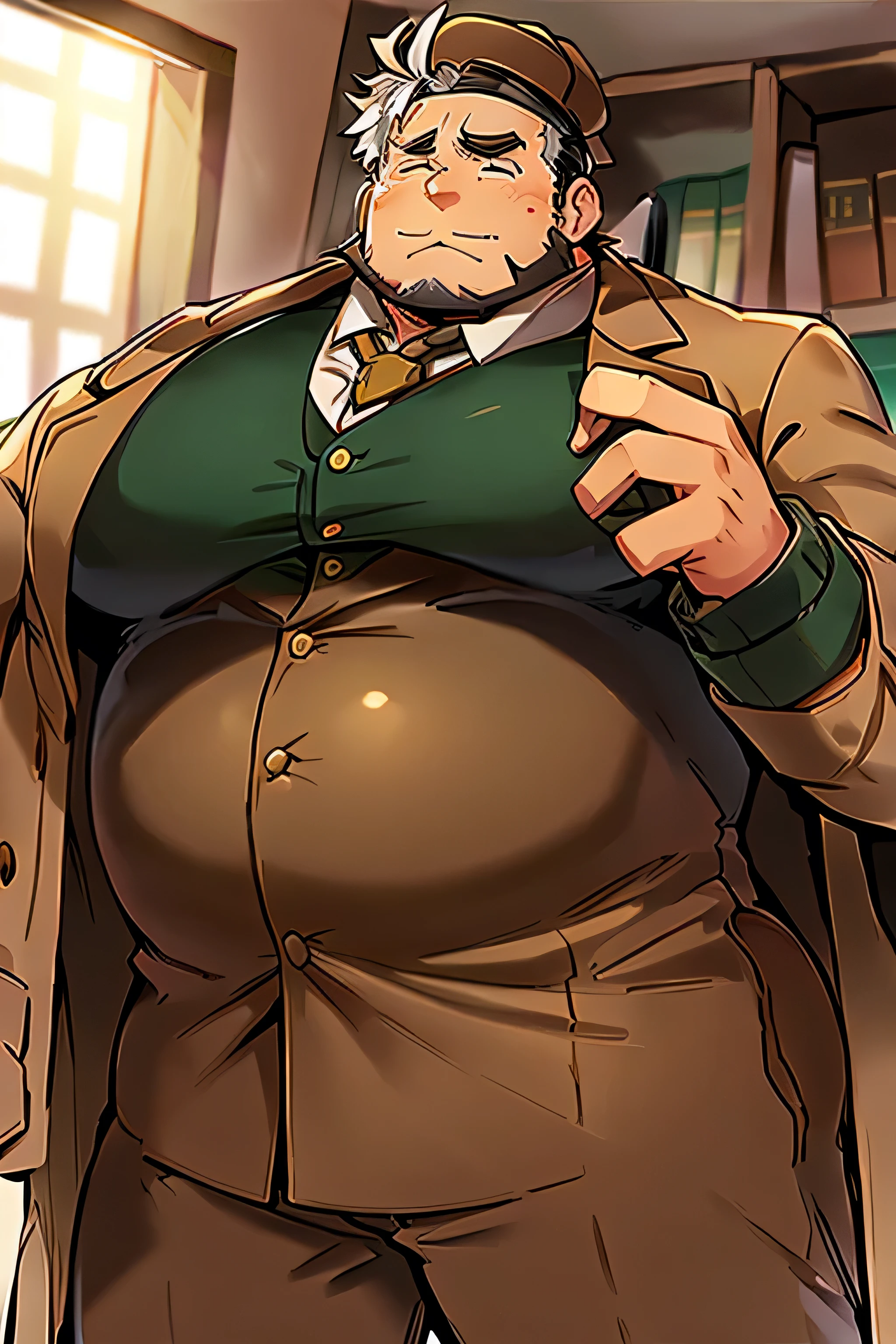 Daddy,big body,beard face,Fat grandpa,Great Detective,Brown coat,Brown beret,Modern Office,From Sherlock Holmes,pregnant,Soft,Put your hands behind your back,Moustache,White hair。