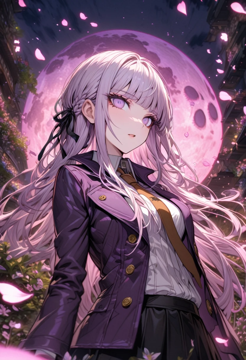 Ultra detailed, highres, absurdres, HDR, master piece, Kirigiri Kyouko, light lavender hair, expressive purple eyes, dark purple collared jacket, white shirt, brown necktie, black skirt, black gloves, Danganronpa, pink flowers, petals, fireflies, pink moon, woman, solo, extremely beautiful, very detailed face and eyes, best quality, fantasy, magical,