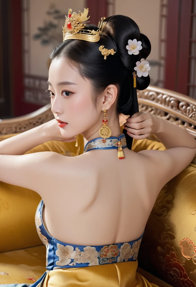 A lavish Chinese empress from the Qing dynasty era.  A close-up of her naked buttocks on a large golden sofa, showcasing her large breasts and prominent buttocks.  The close-up view shows her backside with her face visible.（Porn Pose） A gorgeous Chinese imperial empress with her hair tied on both sides and wearing a crown、Background of kinky and erotic woman tying her hair、The story is set in the luxurious rooms of an empress in the Chinese imperial court during the Qing dynasty.。