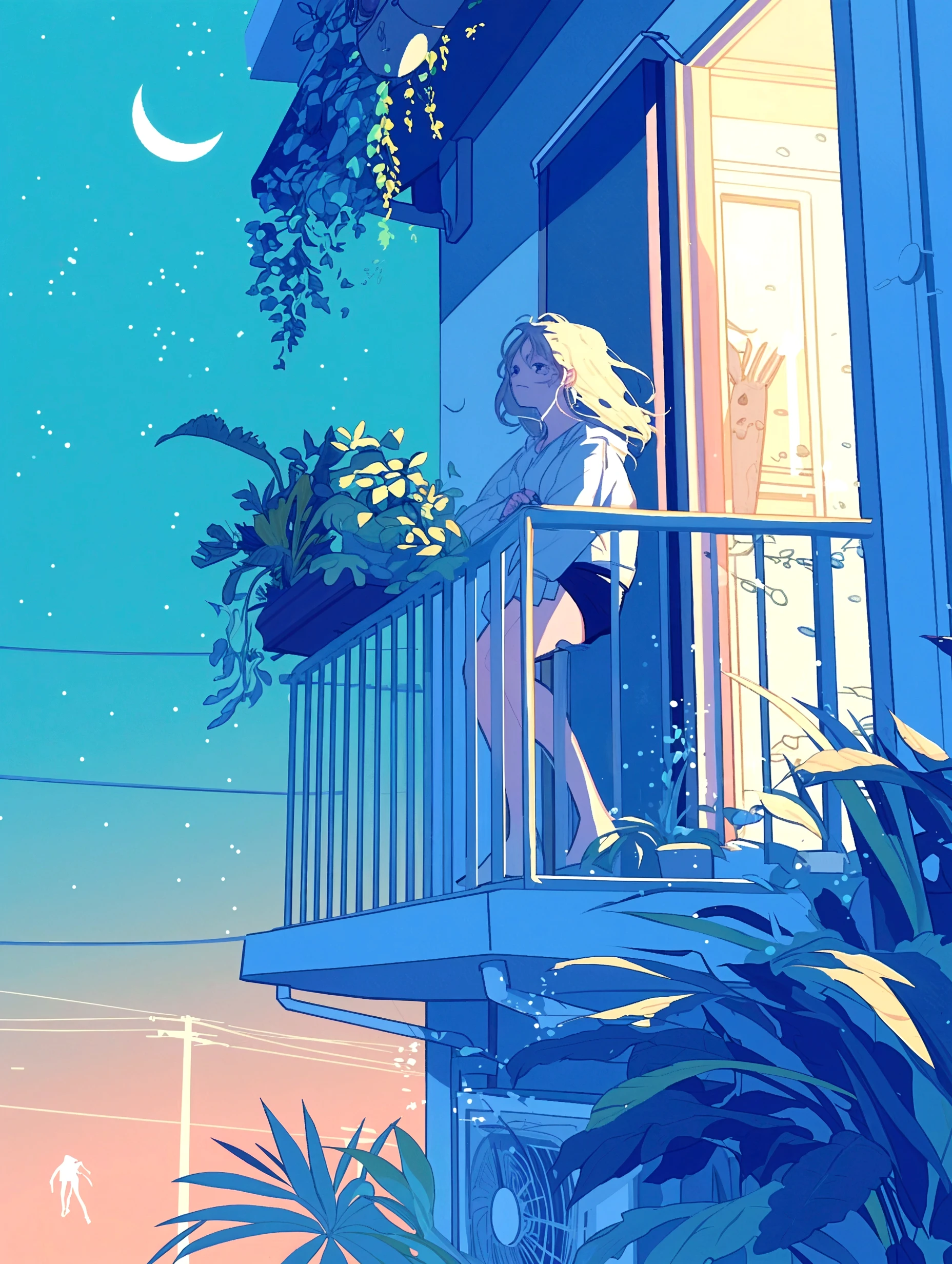 There is a woman standing on a balcony looking out at the sky - SeaArt AI