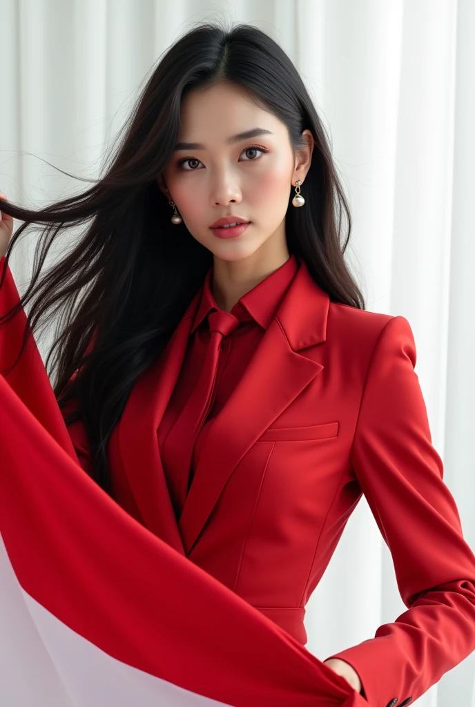 Portrait, Beauty Woman, Long Hair, Black Hair, Hold Indonesian Flag, Shirt, Focus Camera, Earring, Blazer Red, Tie, White Background