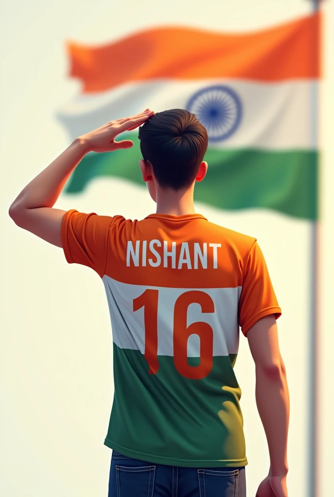 A 21 years old boy salutes the national flag of Bharat and he is wearing a shirt print is like Bharat flag and ” NISHANT” and 16 number and republic day in small written on it’s back in bigger and bold fonts, 3d illustration.