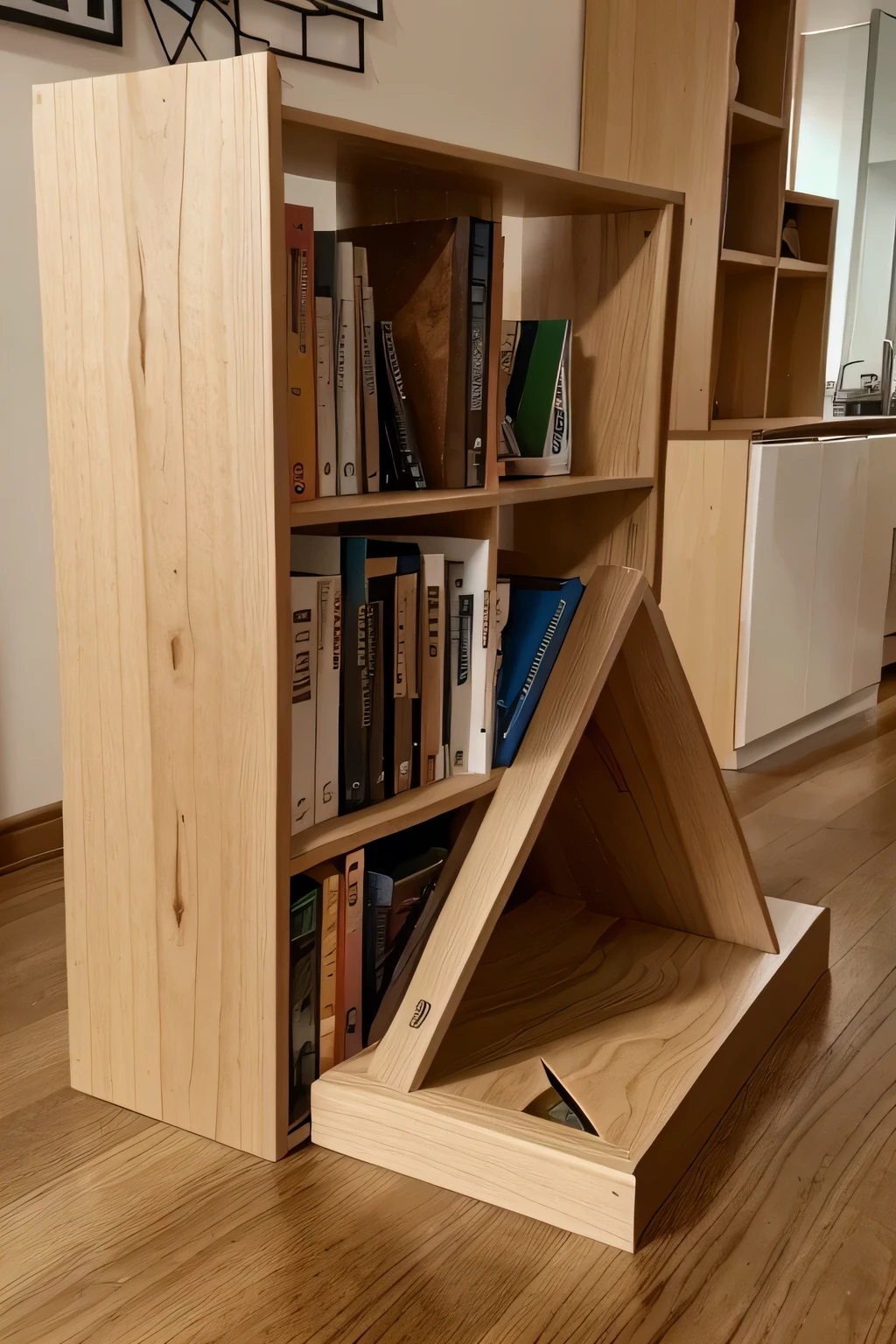 Designing a tangram-inspired bookshelf can be a creative and unique project. The tangram is a Chinese puzzle consisting of 7 geometric pieces (tans calls), that can be organized in different shapes. For a furniture with this aesthetic, the idea would be to integrate these geometric shapes into a modular bookshelf.
### **Basic Plan: Tangram Inspired Bookshelf**
#### **Necessary materials:**
- High quality plywood boards.
- Wood screws.
- Wood glue.
- Fine sandpaper.
- Paint or varnish (Optional).
- Metal supports (for extra stability).
#### **Overall dimensions:**
- **Total height:** 2 meters (approximate).
- **Total width:** 1.5 meters (approximate).
- **depth:** 30 cm.
### **Tangram Design in the Bookshelf:**
The furniture will be composed of 7 sections representing the pieces of the tangram:
1. **2 Large Triangles:**
- Form: Isosceles Triangles.
- Dimensions: Base of 70 cm and height of 50 cm.
- Function: These can be the upper or side compartments of the bookshelf.
2. **1 Medium Triangle:**
- Form: Isosceles Triangle.
- Dimensions: Base of 50 cm and height of 35 cm.
- Function: It can be a central compartment or inclined at the bottom.
3. **2 Small Triangles:**
- Form: Isosceles Triangles.
- Dimensions: Base of 35 cm and height of 25 cm.
- Function: Small compartments in corners or intermediate areas.
4. **1 Square:**
- Dimensions: 35 cm x 35 cm.
- Function: A traditional square compartment for larger books or accessories.
5. **1 Parallelogram:**
- Dimensions: 50 cm x 25 cm (with a 45-degree incline).
- Function: It can act as a horizontal compartment for small objects or as additional support in the structure.