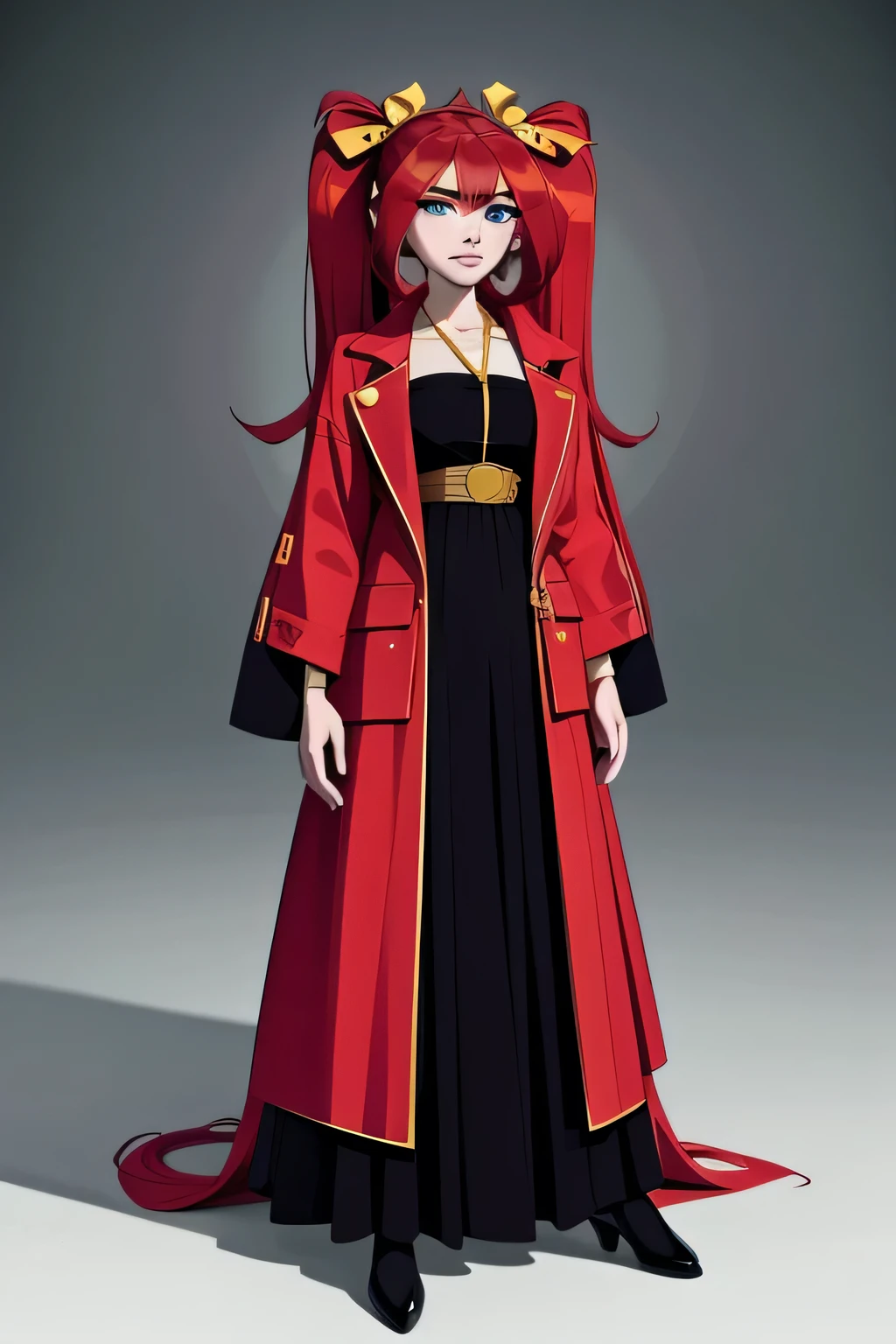anime style, A highly detailed and realistic 3D model of a young woman standing confidently in front of an orange wall. She has red hair styled in two ponytails and blue eyes.. She wears a red jacket over a black dress., black gloves, and white socks up to the thighs. She has a pair of sunglasses resting on her head.. The model should include subtle movements in her hair and the fabric of her jacket., As if a gentle breeze were passing by. The scene takes place on a concrete surface with shadows cast on the ground., providing a realistic urban environment. The background should be simple and interior with neutral colors.. The model should be photorealistic and highly detailed., showing the character's elegant and modern look. Make sure the model captures her confident stance and natural proportions., with special attention to the detailed outfit and accessories, full body, model sheet, character design sheet,