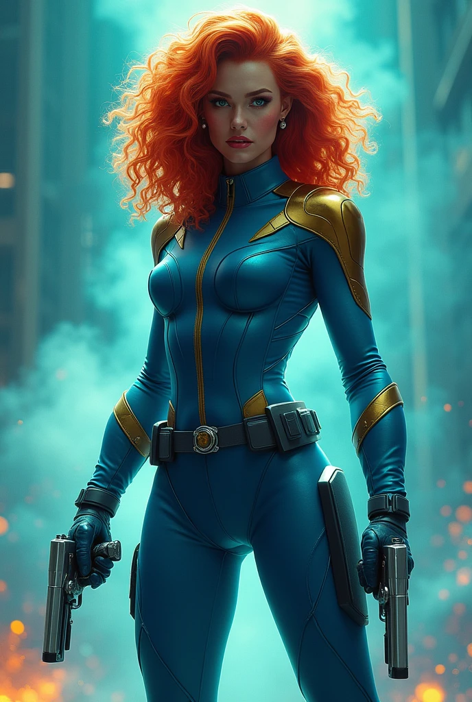 In this captivating image, the central female character exudes confidence and authority, her curly red hair a vibrant contrast to the sleek blue suit with gold accents, complete with gloves and boots that evoke a sense of uniformity. Her hands firmly grasp two pistols, their metallic surfaces and grips gleaming in the light as she surveys the dynamic background with a determined gaze. The explosion of colors behind her, featuring blues and greens, adds to the overall sense of energy and action, evoking the world of comic books or video games where she takes center stage as a powerful superhero, , retina, accurate, masterpiece, super detail, high details, best quality, award winning, highres, HD, 4K, 8k, 16k, retina, accurate, masterpiece, anatomically correct, textured skin, super detail, high quality, award winning, highres, 8k, 16k
