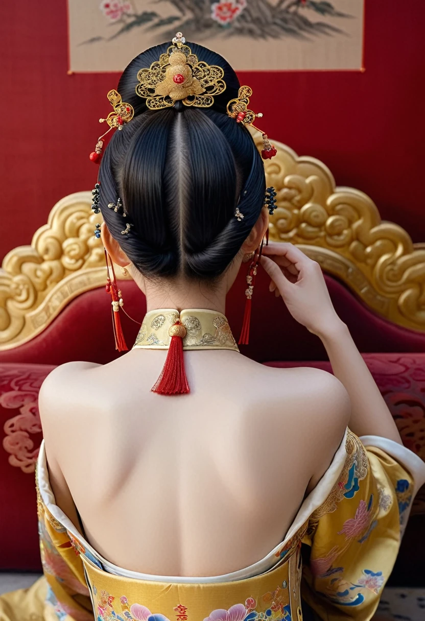 A lavish Chinese empress from the Qing dynasty era. A close-up of her naked buttocks on a large golden sofa, showcasing her large breasts and prominent buttocks. The close-up view shows her backside with her face visible.(Porn Pose) A gorgeous Chinese imperial empress with her hair tied on both sides and wearing a crown、Background of kinky and erotic woman tying her hair、The story is set in the luxurious rooms of an empress in the Chinese imperial court during the Qing dynasty.。