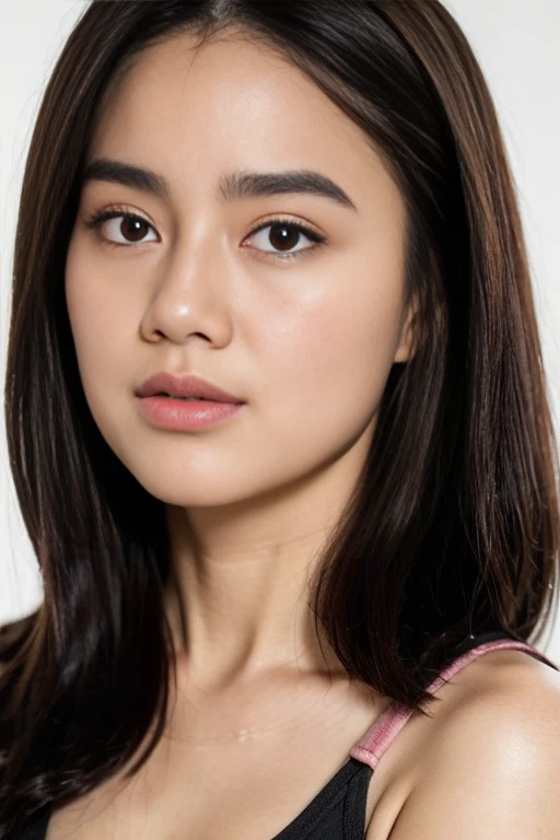 Create a (( mid-shot )) photorealistic image of a beautiful Asian woman with fair, smooth, flawless skin. She has large, round, sparkling eyes with naturally long and curled eyelashes, and well-defined, dark eyebrows. Her nose is straight and high, and her naturally pink, soft lips form a gentle smile. She has short, slightly curled brown hair that highlights her delicate facial features. puffed round breasts. She is wearing Sepultura black t-shirt. (( waist to top))